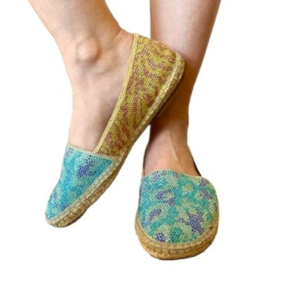 Brian Atwood Hartwell rhinestone blue tan flat espadrilles women’s size 7 - Picture 2 of 15